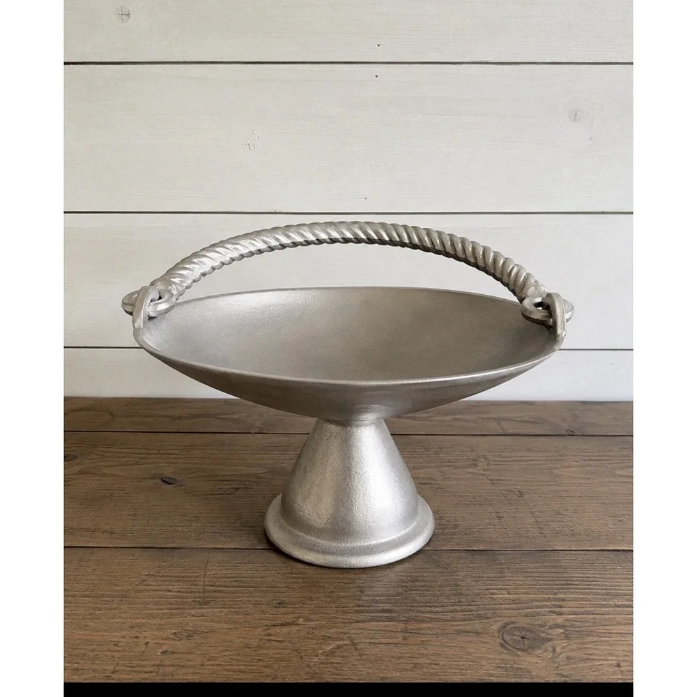 Vintage Cast Aluminum Pedestal Centerpiece Bowl Twisted Rope Handle Fruit Decor